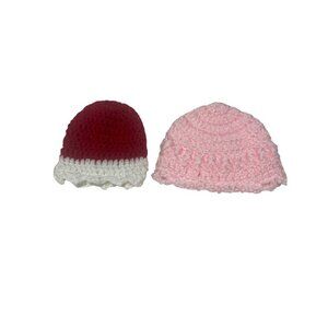 Handmade Crochet Baby Hats Set Of 2 - Red/White & Pink - Newborn Size